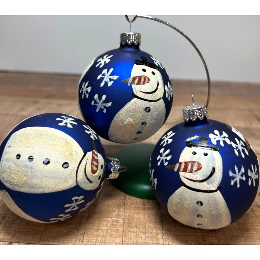 Hand-Painted Glass Snowman Christmas Ornaments Set Of 3 Blue & White Winter Holi